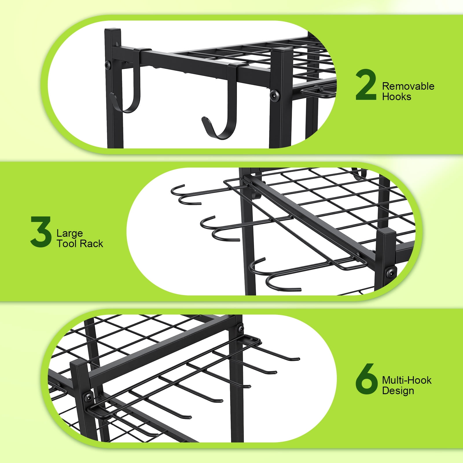 RELOIVE Garden Tool Organizer with Wheels, Metal Yard Tool Rack with Hooks for Garage Storage,Heavy-Duty Storage Holder for Yard Backyard