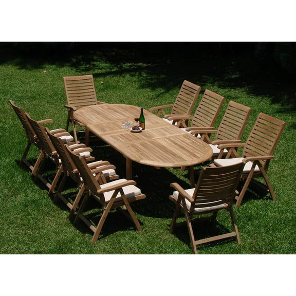 Teak Dining Set:10 Seater 11 Pc - 117" Oval Table And 10 Ashley Reclining Arm Chairs Outdoor Patio Grade-A Teak Wood WholesaleTeak #WMDSASh