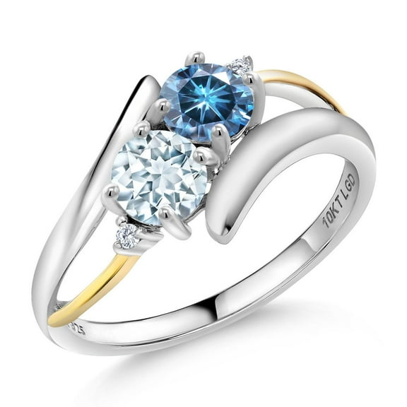 Gem Stone King 925 Silver and 10K Yellow Gold Ring Round Persian Blue Moissanite and Aquamarine Sky Blue (1.02 Cttw, Size 6)