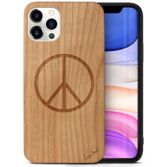 Case Yard Wooden Case Outside Soft TPU Silicone, Slim Fit Shockproof Wood Protective Phone Cover for Girls Boys Men and Women, Supports Wireless Charging Peace Design case for iPhone-11-Pro