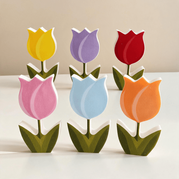 6-Piece Tulip Tiered Tray Decor Set, 4.33 Inch Lightweight PVC Foam Board Spring Flowers Table Ornaments for Easter Home Shelf Party Decorations