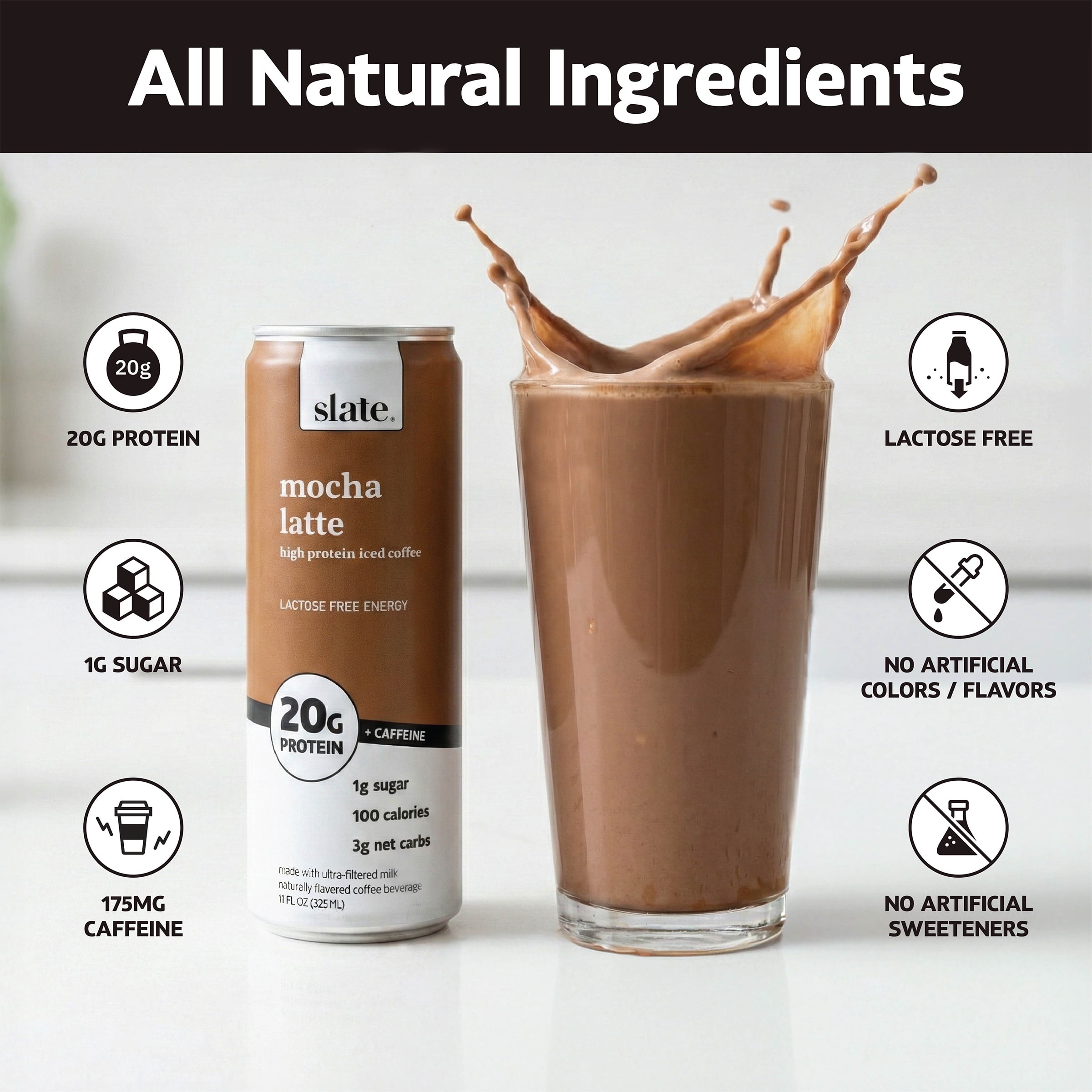 (12 pack) Slate Milk Mocha Latte, High Protein Iced Coffee, 20g Protein, 11 fl oz can, Ready to Drink