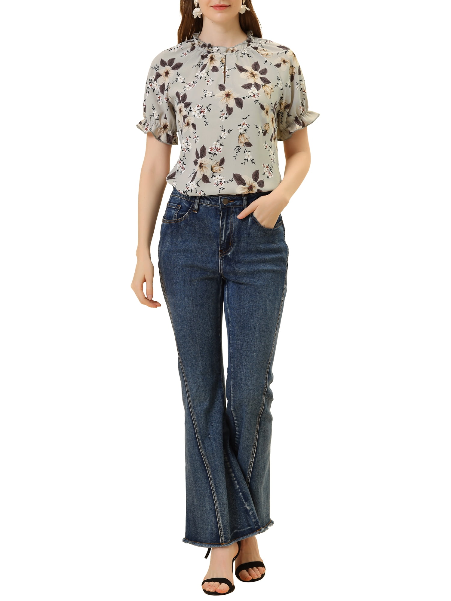 DARING DIVA Women's Floral Ruffled Neck Short Sleeves Top Blouse S Grey