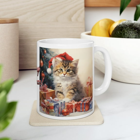 Coffee Mug 11oz, Merry Christmas Cat Lover Mug, Kitty Claus Costume Tea Cup