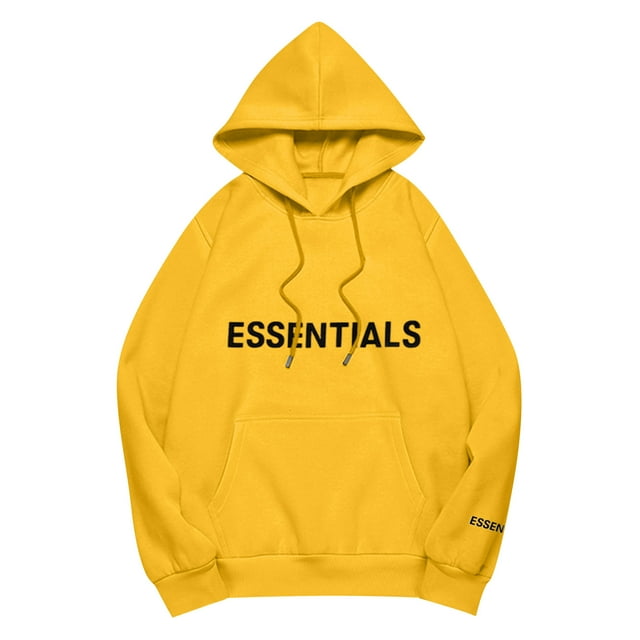 Chandail à Capuchon avec Cordon de Serrage Ajustable et Imprimé « ESSENTIALS » à l'Avant, Style Décontracté à Coupe Ample, Jaune, P