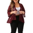 thumbnail image 1 of Cárdigans de talla grande para mujer Agnes Orinda, con frente abierto, mangas de campana 3/4, cubre hombros de encaje transparente con flores, bolero, shrugs 3X burdeos, 1 of 6