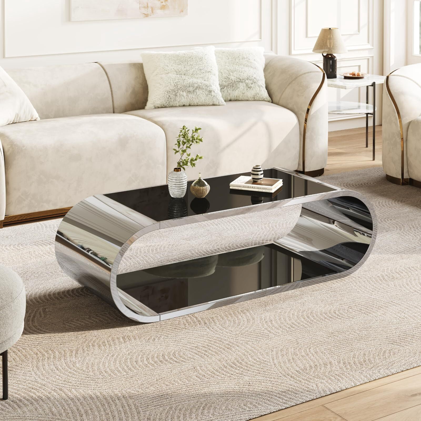 Shikeyi 57" Modern Oval Coffee Table with Silver Stainless Steel Base, 2-Tier Black Tempered Glass Top, Luxury Curved Center Table for Living Room, Home Office, Apartment, Unique Glam Decor