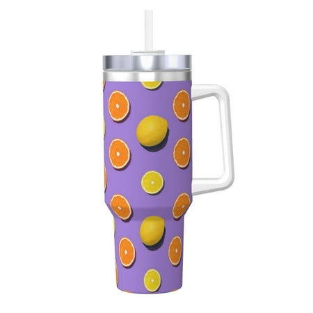 

Zeuib Yellow Lemon And Orange Printed Insulated Stainless Steel Hot/Cold Coffee Cup 40oz Ice Bully With Handle Tumbler with Straw and Handle Insulated Water Bottle Travel Mug Cup