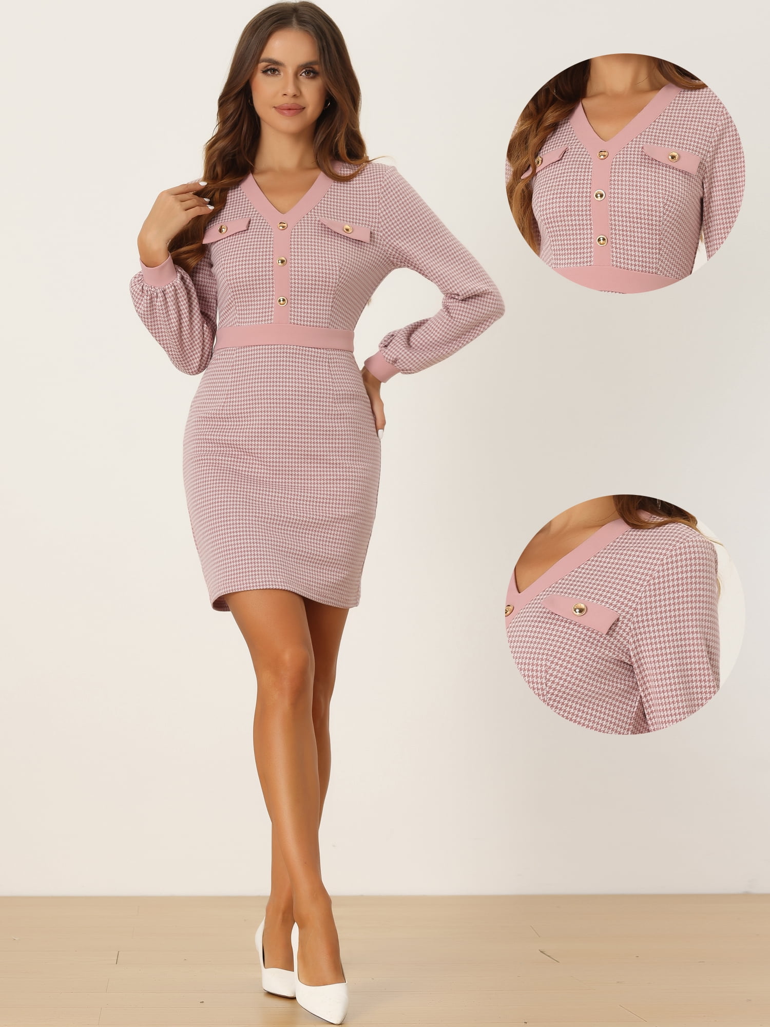 DARING DIVA V Neck Long Sleeve Sheath Bodycon Blouse M Pink
