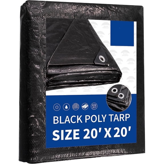 Large Black Tarp 20x20 Feet, UV Resistant, 8 Mil Multipurpose Medium Duty Waterproof Poly Tarp Cover with Metal Grommets and Reinforced Edges