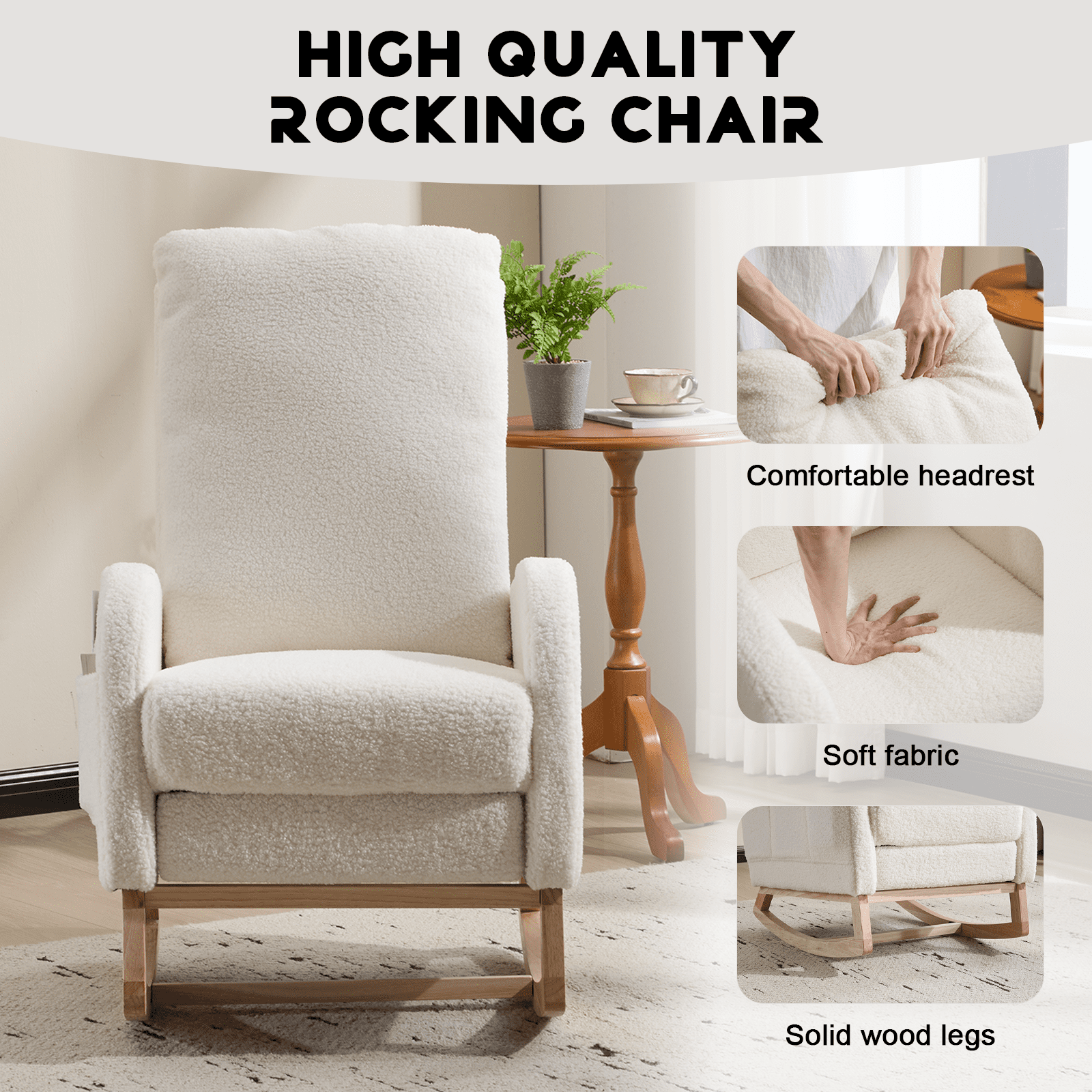 Outdoor Rocking Chairs Modern Accent Rocking Chair Rocking Chair with Solid Wood Legs, Upholstered Nursery Glider Rocker with Side Pocket and Footrest, Living Room Lounge Arm Chair with High Backres