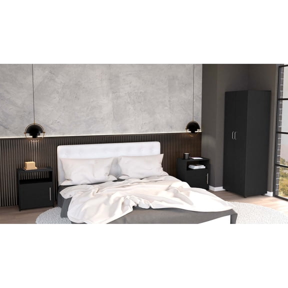 Miekor Furniture 3 Piece Bedroom Set, London Armoire & 2 Omaha Nightstands, Black B5A9767