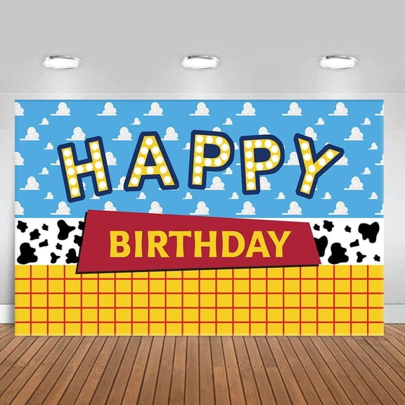 Toy Inspired Story Birthday Backdrop Blue Sky White Clouds Boy Birthday Banner Kids Party Cake Table Decorations Background Photo Booth Prop(5X3FT)