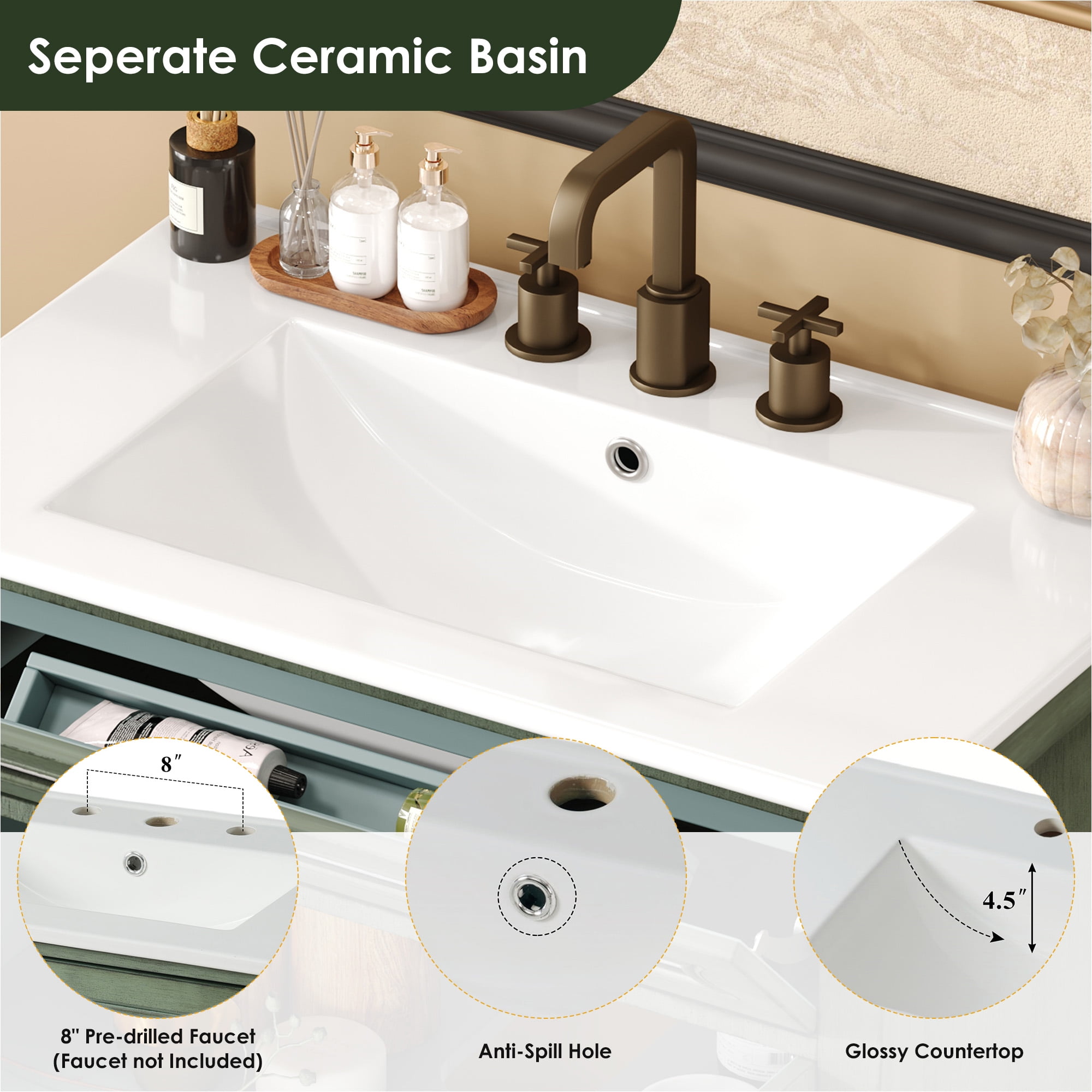 SogesPower 30" Antique Pattern Bathroom Vanity with Ceramic Sink, Solid Wood Bathroom Makeup Cabinet with Tip-Out Tray / Flip-Out Drawer, FreeStanding Single Basin Vanity Set, Antique Green + Blue