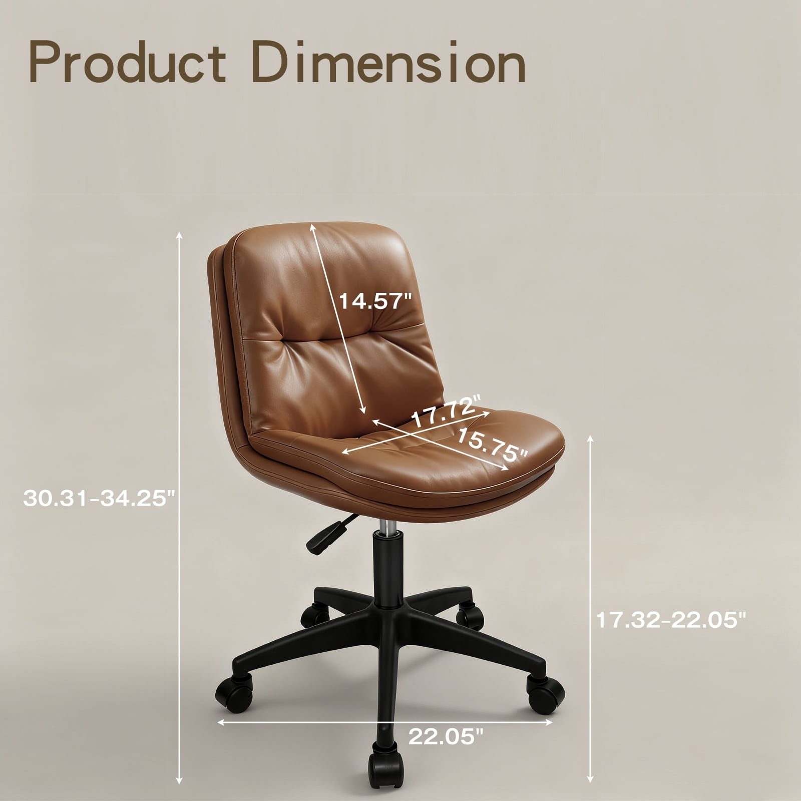 Vanity Chair with Back, PU Leather Swivel Office Desk Chair, Height Adjustable Armless Chair for Small Spaces, Bedroom, Vanity, Home Office Brown