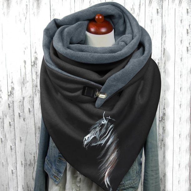 Women Scarf Winter Horse Print Scarf Button Soft Wrap Plush Velvet Warm Scarves Shawls Vintage Style Neck Wraps Neck Scarves