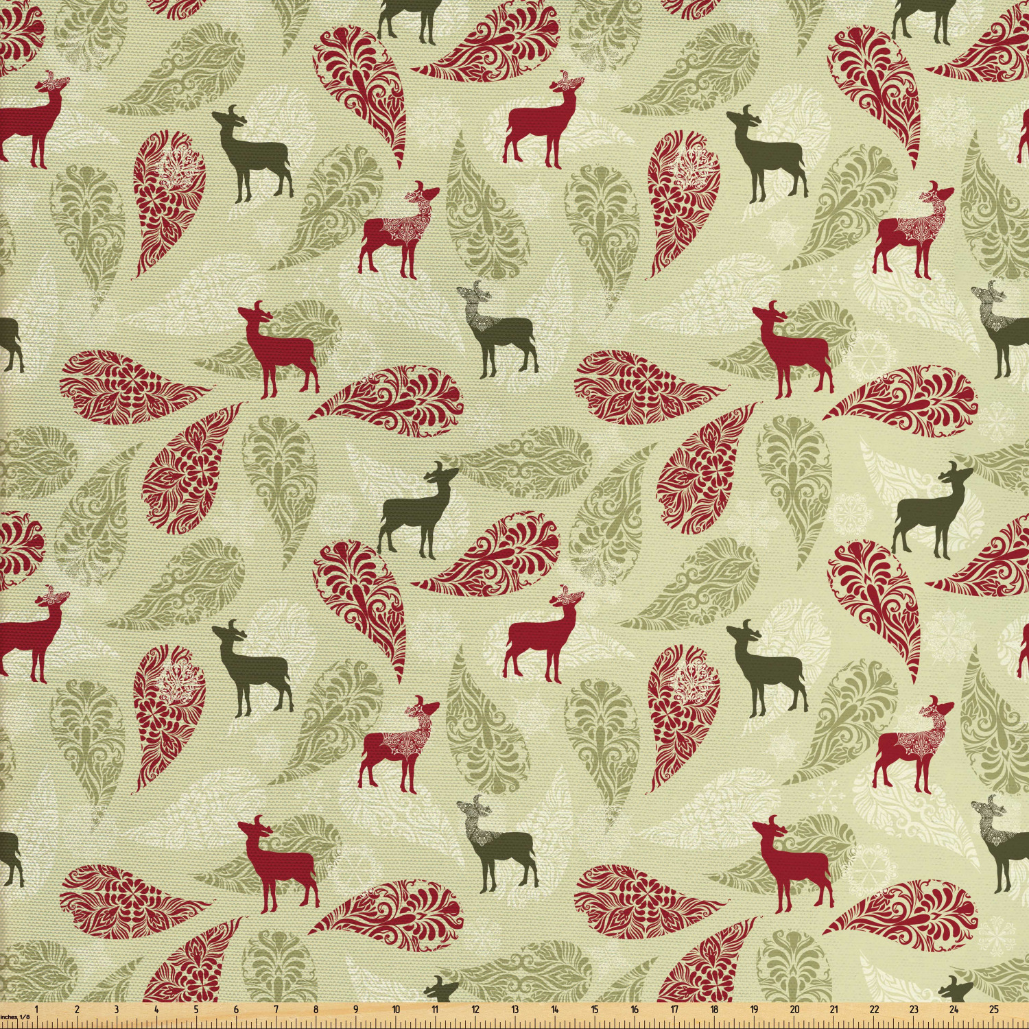 Deer Fabric by The Yard, Paisley Deer Ornate Swirled Abstract Christmas