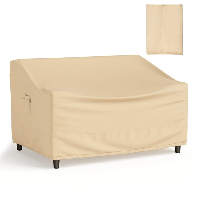 Costway Patio Causeuse-Banc 2 Places 60"x43 Pouces Housse de Sofa Profonde beige, en polyester durable avec Revêtement PU pour Résistance aux Intempéries. Comprend des Coutures Renforcées, des Sangles à Clic, des Poignées Rembourrées et une Évent pour la ventilation. Conçue pour Protéger les Meubles de Causeuse de la Lumière du Soleil, de l'Eau et de la Poussière.