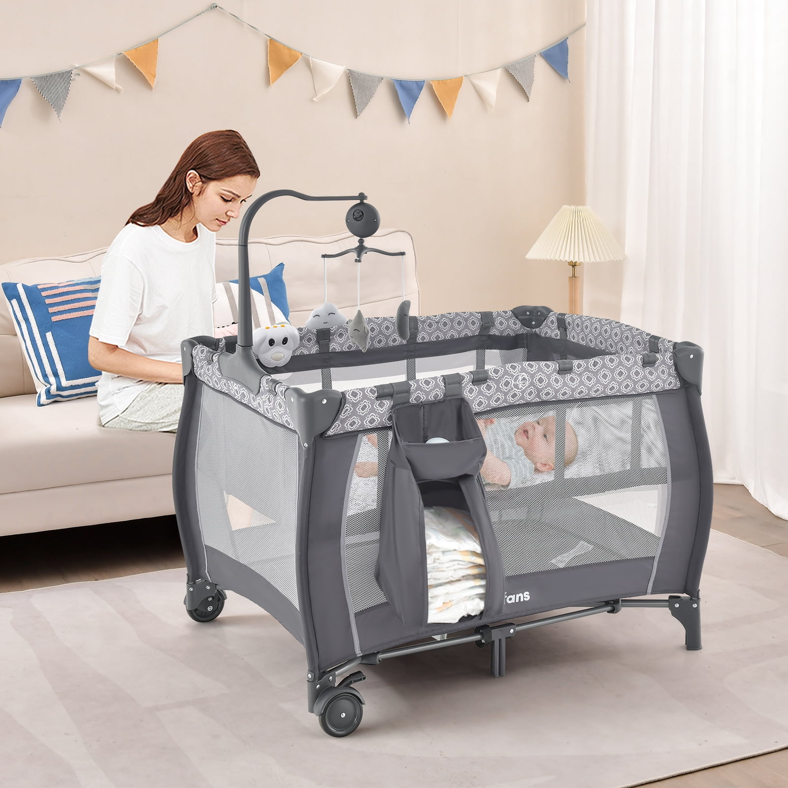 INFANS 3 in 1 Pack and Play, Portable Travel Baby Crib Bassinet with Detachable Mattress, Newborn Changing Table, Foldable Playpen with Carry Bag and 2 Wheels