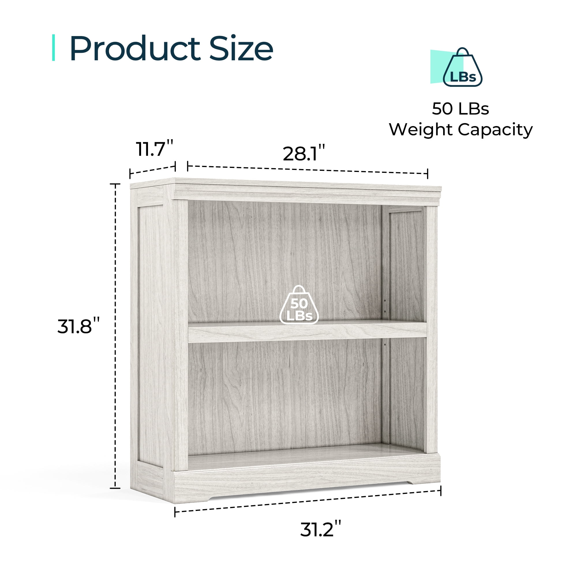 LINSY HOME 32in 2 Tier Bookshelf, Small Bookcase Shelf Storage Organizer, Modern Book Shelf for Bedroom, Living Room and Home Office, White Oak