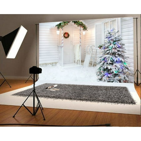 Image of GreenDecor Christmas Backdrop 7x5ft Photography Backdrop Xmas Tree Decoration Wreath Lamps White Wall Winter Snow Studio Photos Video Props Children Baby Kids Portraits