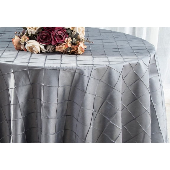 Wedding Linens Inc. 90" Round Pintuck Taffeta Seamless Linen Tableccloth for Party Wedding Reception Catering Dining Home Table Cover Linens - Silver