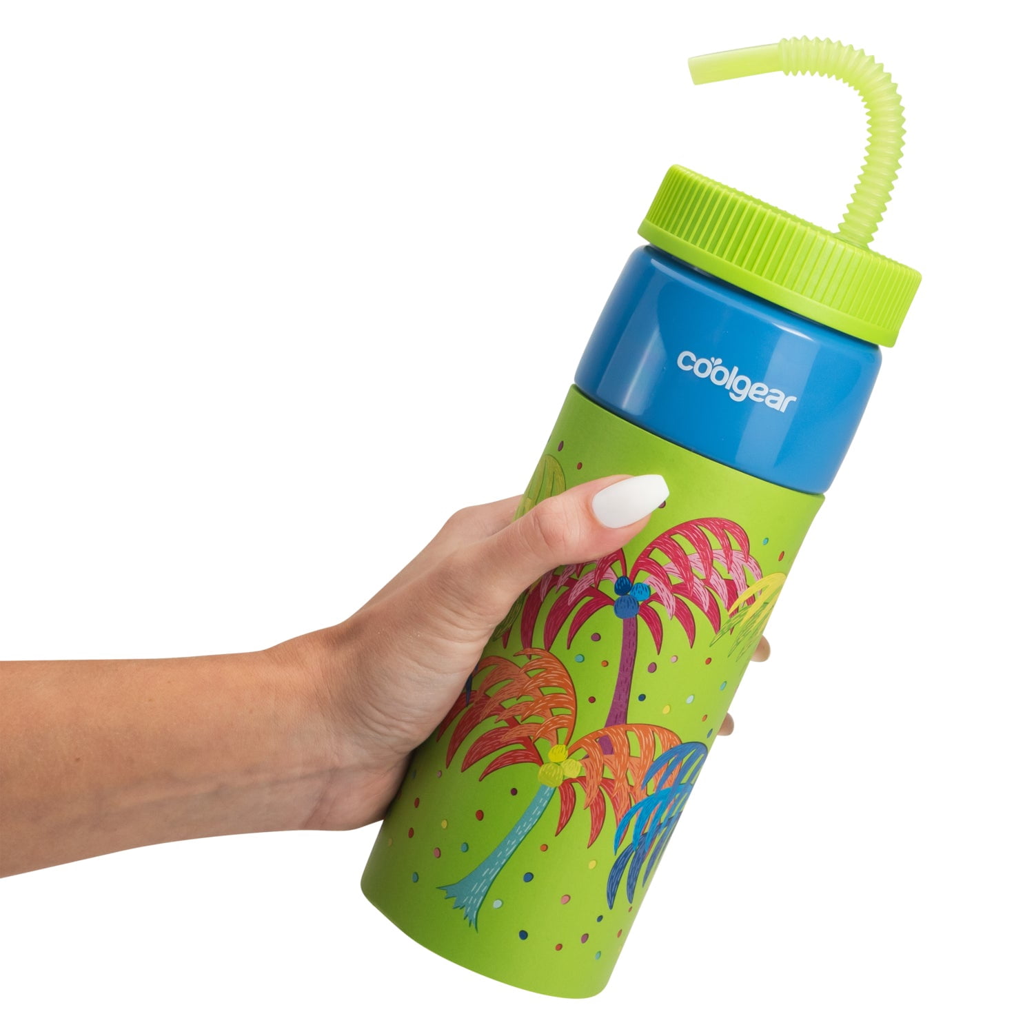 Cool Gear 4-Pack 24oz GO GRIP! Retro Squishy Water Bottle | Cute Printed Design, Foam Grip, Resealable Bendy Straw | Dishwasher Safe - Summer Drinkware for Kids, Adults, Gifts - Green Printed Variety
