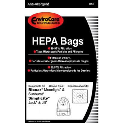 R- Series 6 Pack & Simplicity Vacuums EnviroCare HEPA Bags for Riccar Type A 