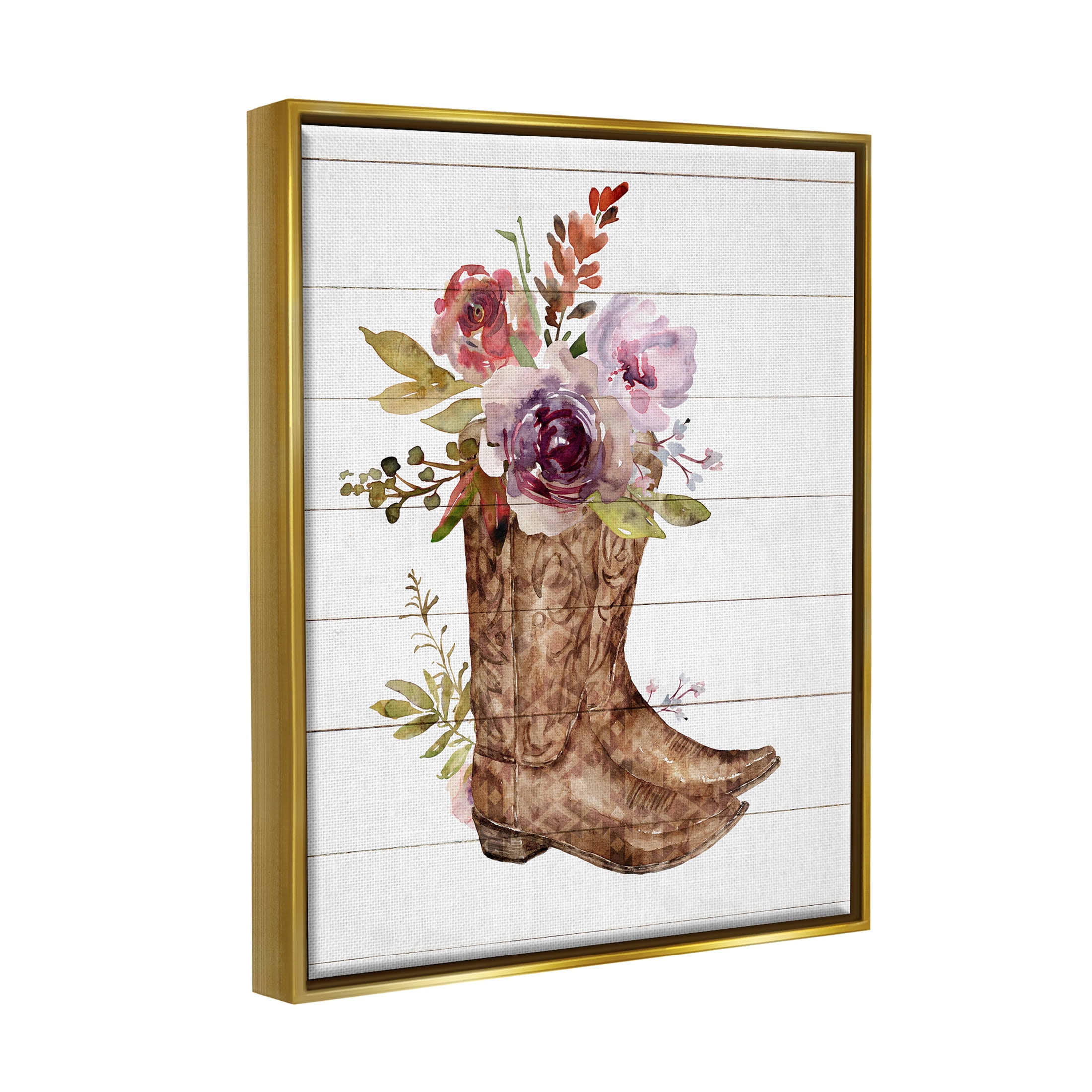 Stupell Industries Country Floral Boots Arrangement Graphic Art Metallic Gold Floating Framed Canvas Print Wall Art, Design by Nina Blue