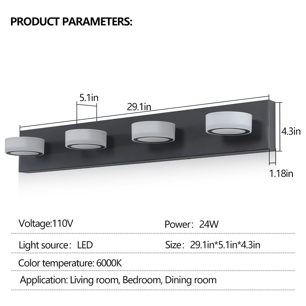 4-light 29 Inch bathroom vanity light acrylic Rotating Oval Acrylic Bar Matt Black LED Bath Lights Over Mirror for Shower, and Bathroom Decor&nbsp;（white cool 6000K）