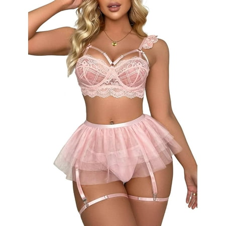 Sexy Lingerie Set for Women with Garter Belt Wireless Ruffle Skirts 5 pieces Lace Bodysuit Floral Bra Push Up