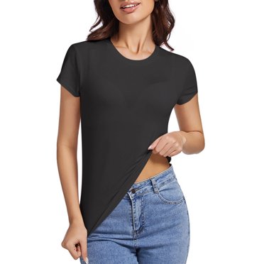 hoksml Women T-shirt Léger à Manches Courtes Couleur Unie Été Col Rond Respirant Hauts Décontractés Sport Course T-shirt 2025 Liquidation
