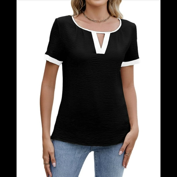 Blusas Informales Elegantes para Mujer, Blusas de Trabajo Informales de Negocios, Camisas de Corta con Cuello en V y Bloques de Color, Verano 2025 Negro XXL