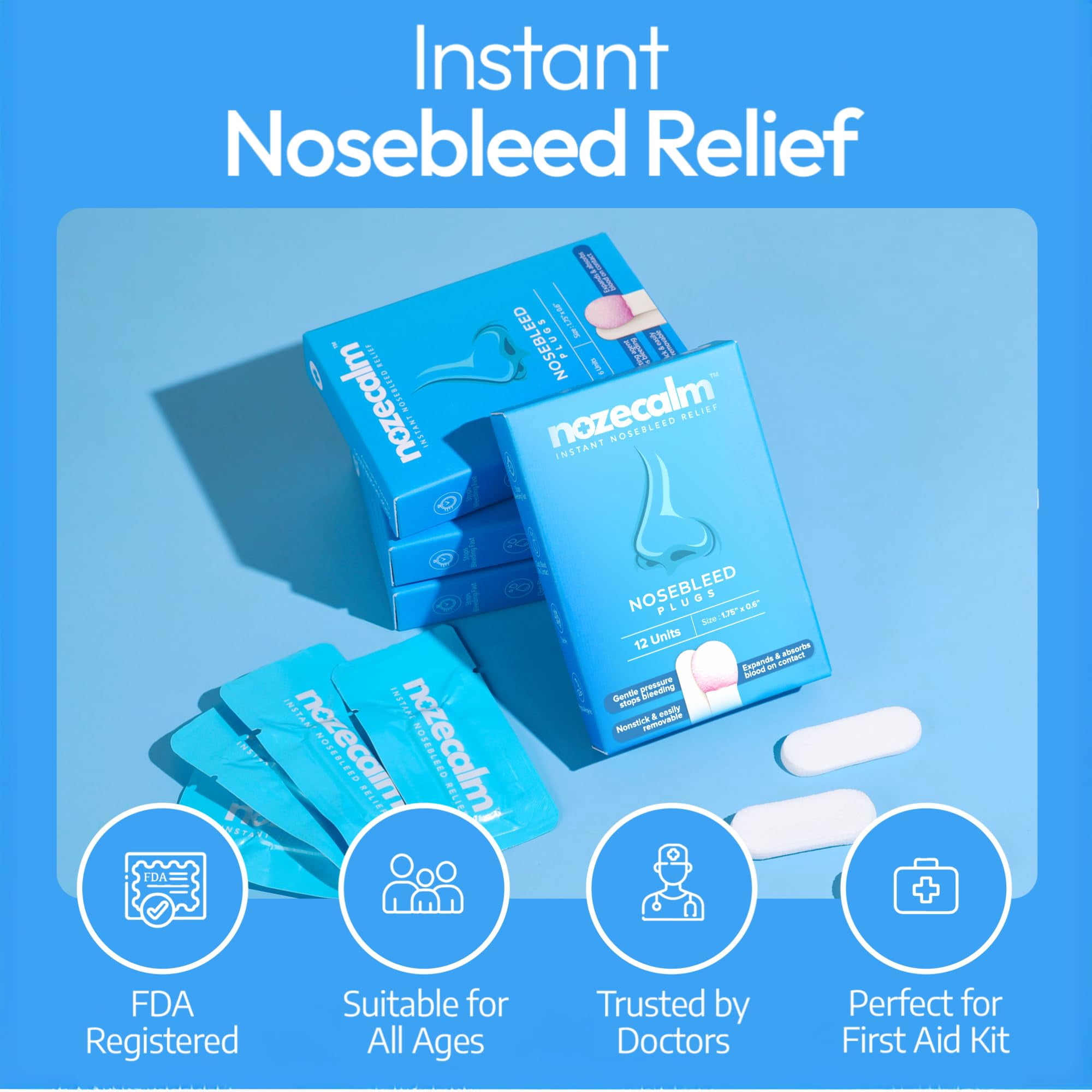 NozeCalm Nose Bleed Stopper- 12 Counts - Nasal Plugs for Kids, Adults & Seniors, Fast-Acting Non-Stick Plugs - Zero-Chemical Bloody Nose Solution