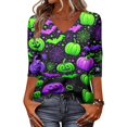 thumbnail image 4 of Halloween 3/4 Sleeve V Neck Shirt for Women Funny Halloween Graphic Tee Fall Winter Loose Fit Tops, 4 of 6