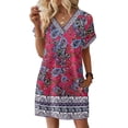 thumbnail image 2 of Women's Fashionable Floral Print V-Neck Short Sleeve Dress with Pocket, Casual Pullover Summer Dress, Comfortable Loose Fit, Stylish Ladies Wear,Hot Pink,XL, 2 of 8