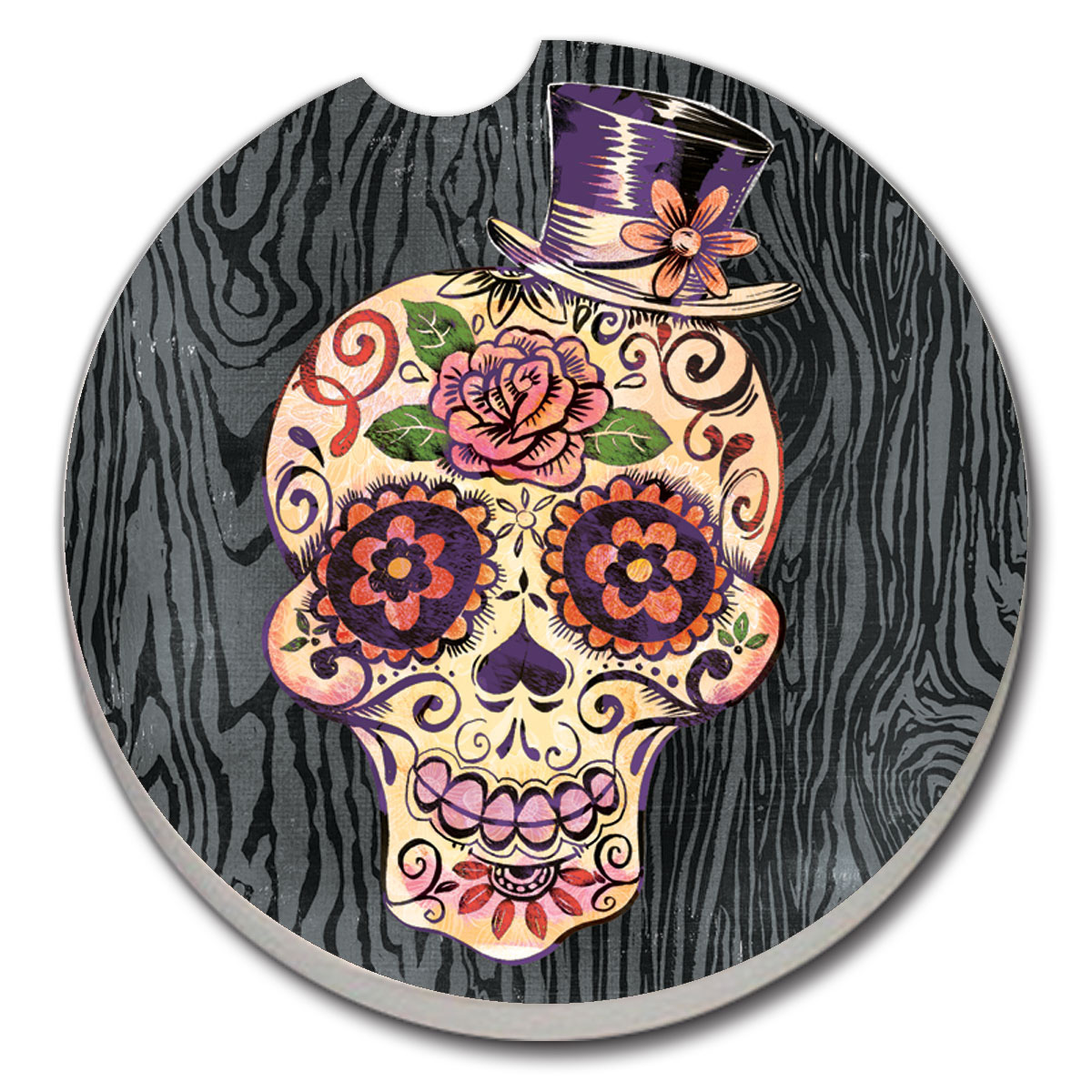 CounterArt 'Sugar Skull' 1 Pack Absorbent Stone Coaster for Vehicle Cup Holder 2.6” Diameter