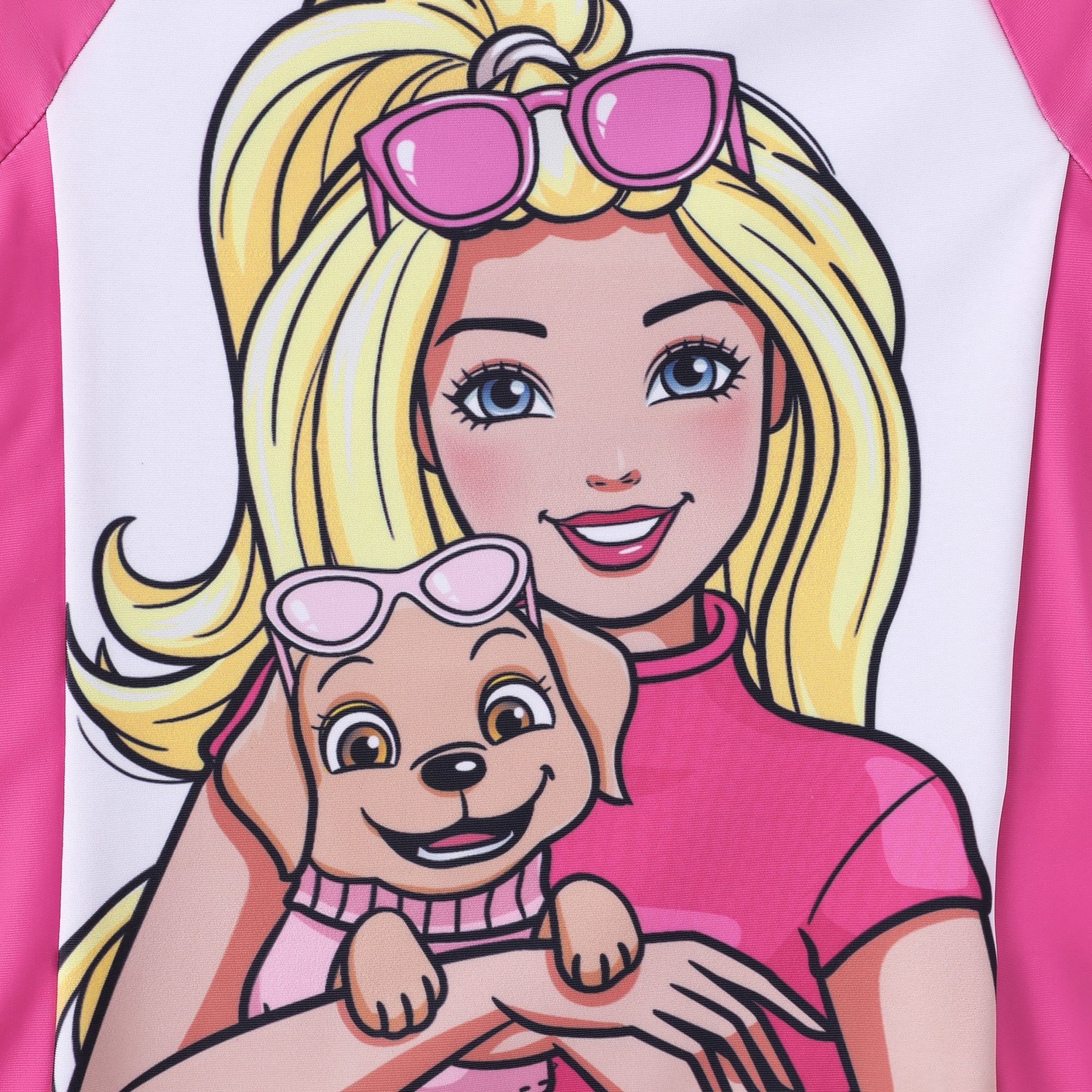 Barbie Girls Swimsuit Rash Guard Short Sleeve Raglan Graphic Top Matching Swim Shorts 2 Piece Swim Set Sizes 6-7Y