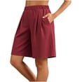 thumbnail image 5 of Vivianyo HD Women's Elastic Waist Pleated Knee Length Shorts, Straight Leg Solid Casual Mid Short Bottoms for Women, Women's Red, Sizes S-2XL, 5 of 5