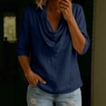 thumbnail image 2 of Womens Cotton Linen Tops, Three Quarter Sleeve Cowl Neck Solid Color Shirts, Summer Casual Wear, Basic Tops for Women | VerBelle,Navy XL, 2 of 7