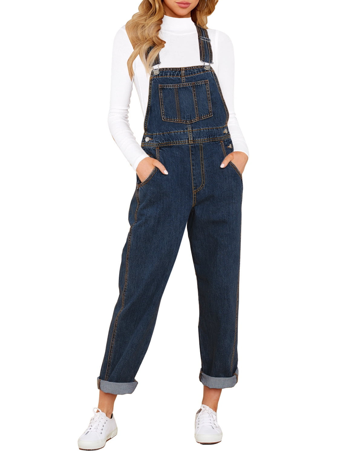 Vetinee Women's Overalls Denim Casual Loose Fit Tapered Leg Bib