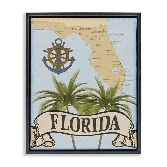 Stupell Industries Traditional Florida Map Palm Trees Black Floating Frame Canvas Art, 17 x 21, by Marcus Prime