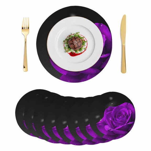 Purple Rose Round 13 Inch Placemats Set of 8, Abstract Spring Flowers Vintage Black HeatResistant Non Slip Place Mats for Dining Table, Wipeable Braided Kitchen Table Mats for Housewarming