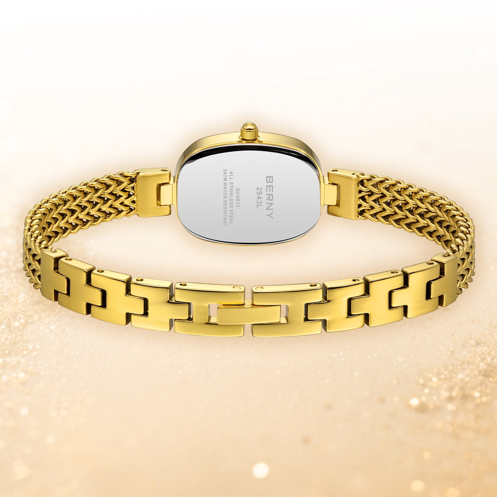 BERNY Small Gold Watches for Women, Dainty Oval Analog Quartz Bracelet Watch, Stainless Steel, Waterproof, Minimalist Luxury Ladies Watches Gifts (Gold)