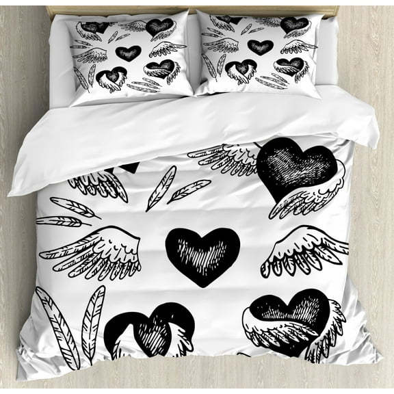 Feather King Size Duvet Cover Set, Romantic Hearts with Wings Valentine's Day Themed Sketch Style Love Image, Decorative 3 Piece Bedding Set with 2 Pillow Shams, Black and White, by Ambesonne