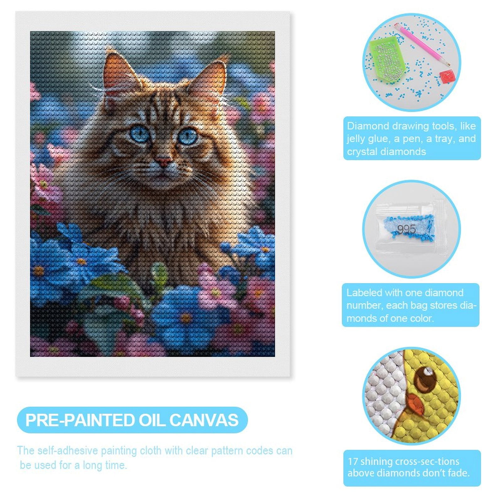 Diamond Art Kits for Adults, Blue Eyed Cat Among Blossoms 5D Diamond Painting Kits for Adults Beginners, DIY Full Drill Diamond Painting, Gem Art and Crafts 12x16