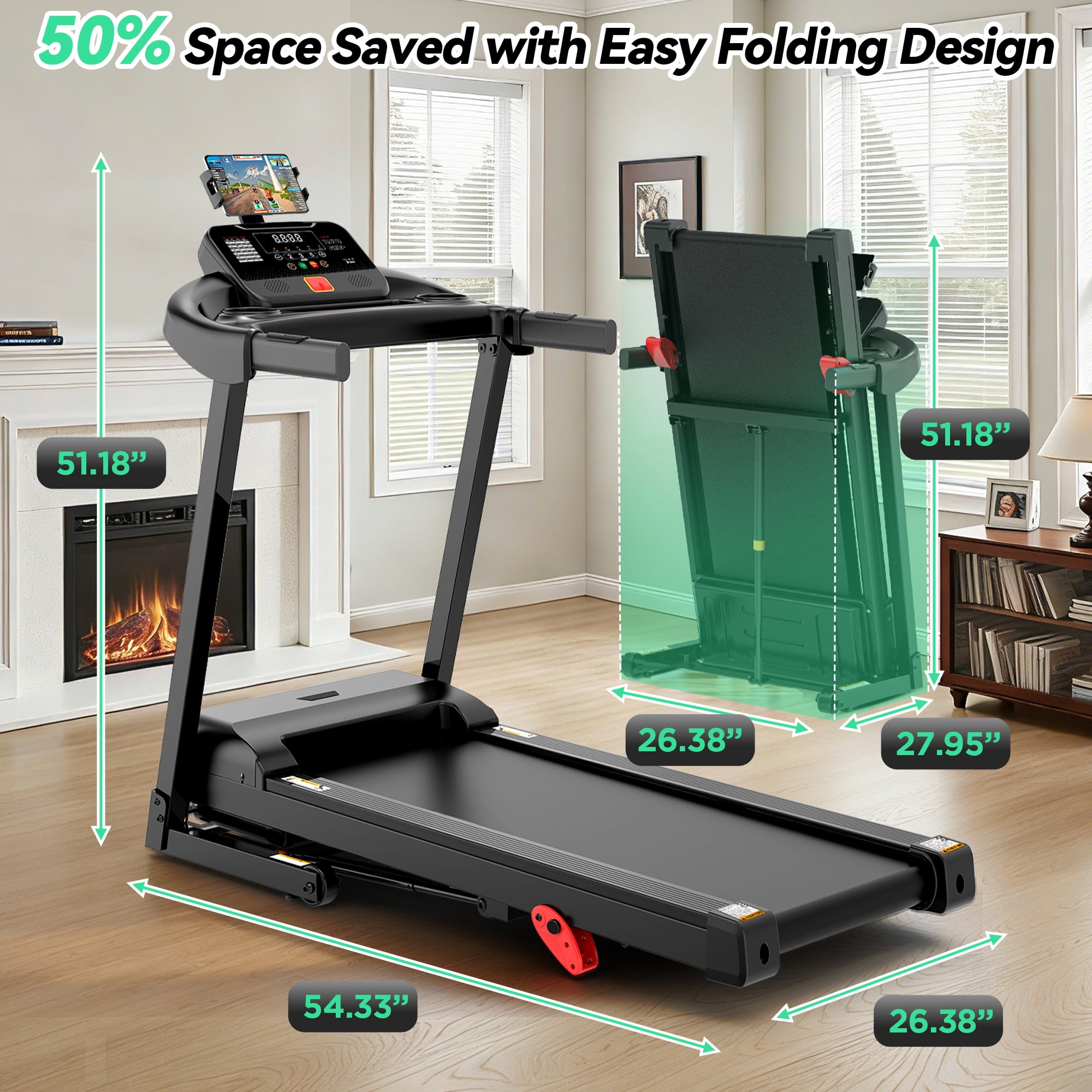 Treadmill for Home with 3-Level 9% Incline, Foldable Treadmill for Home Small Office, Compact Portable Running Treadmill with Handle,Digital LCD Display, APP Control, 300 lbs Capacity