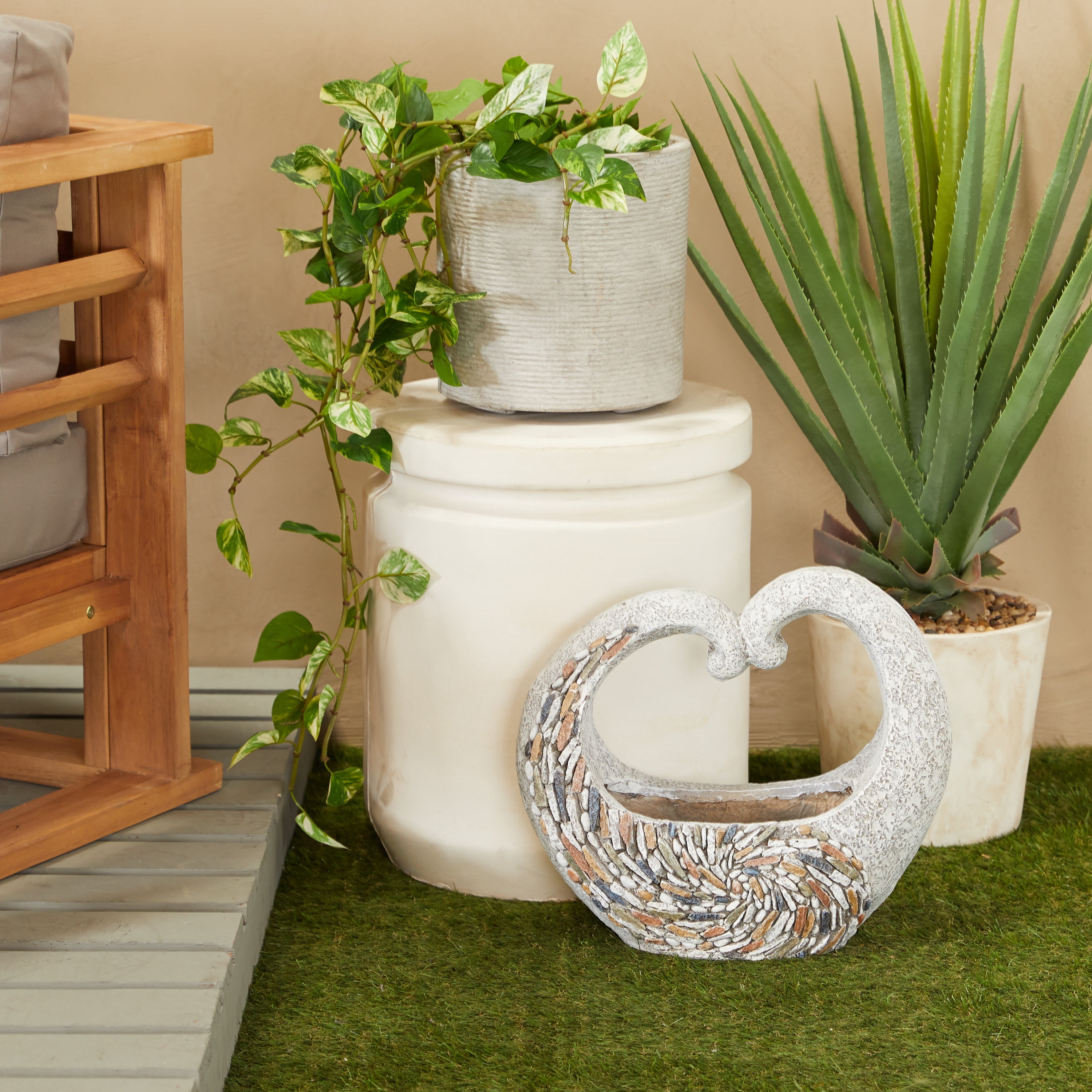 DecMode 16" x 14" Indoor Outdoor Gray Fiberglass Planter with Stone Mosaic Design
