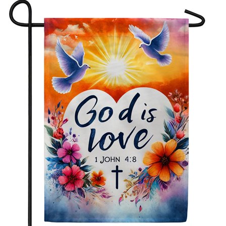America Forever God Is Love Doves Garden Flag, 12.5 x 18 inch Double Sided, 1 John 4:8 Scripture Watercolor Floral Christian Religious Cross Outdoor Decor