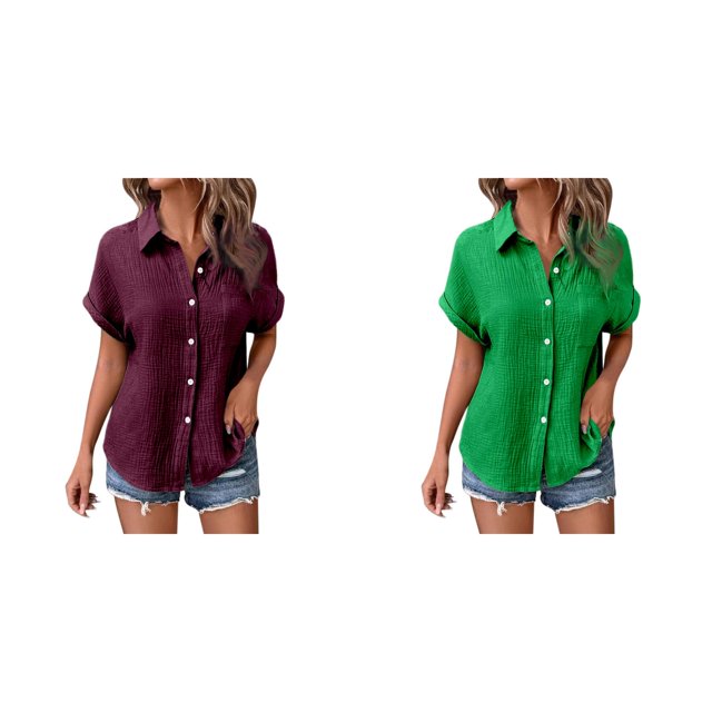 (2-Pack) Rinsvye Womens Casual Batwing Sleeve Button Down Short Sleeve Shirt Pure Color Oversized Blouse Summer Breathable Top Daily Wear Loose Fit Ladies Apparel